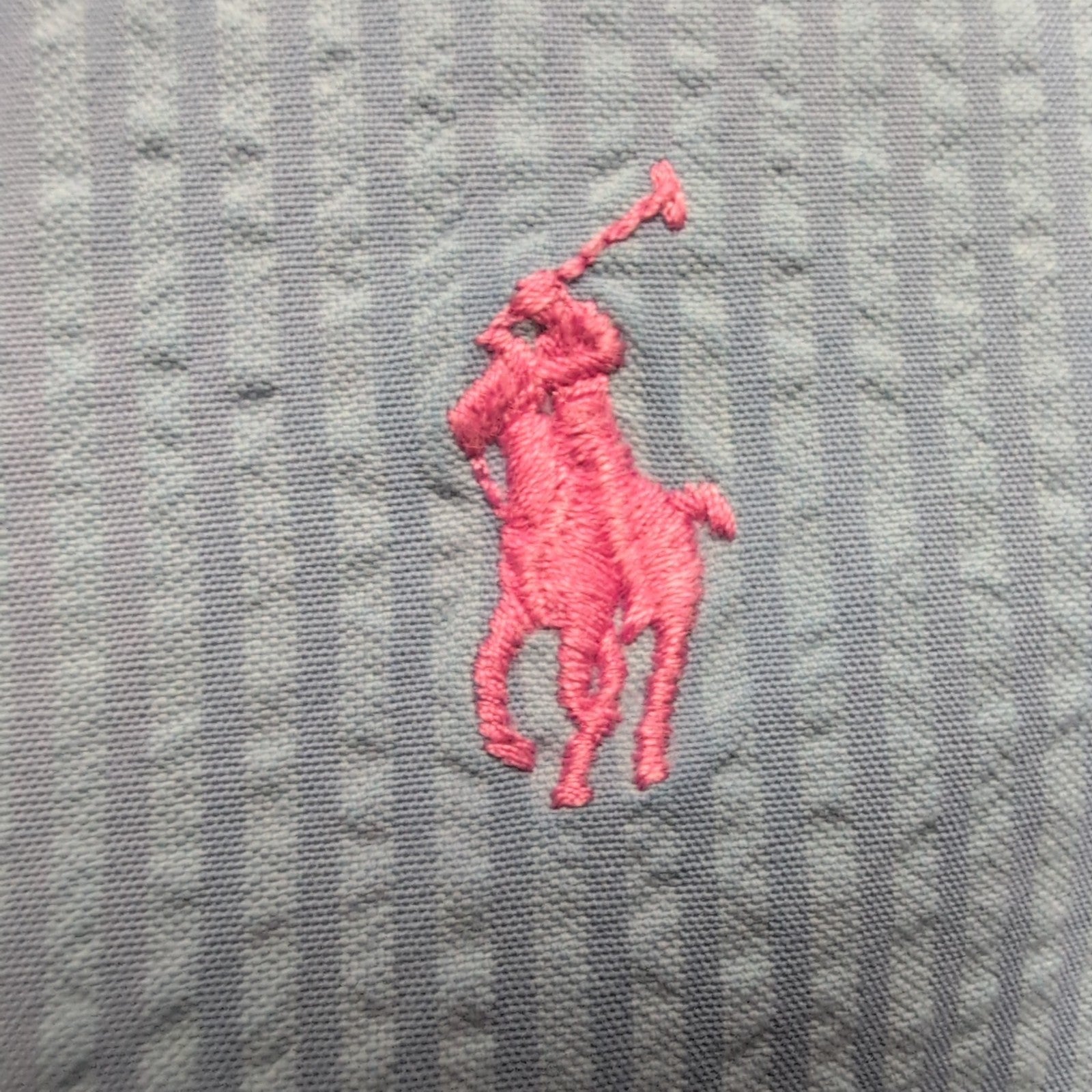 Chemise Ralph Lauren L Bleue Rayures Gaufrées Coton Manches Courtes Logo Rose