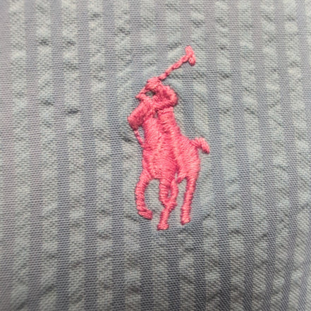 Chemise Ralph Lauren L Bleue Rayures Gaufrées Coton Manches Courtes Logo Rose