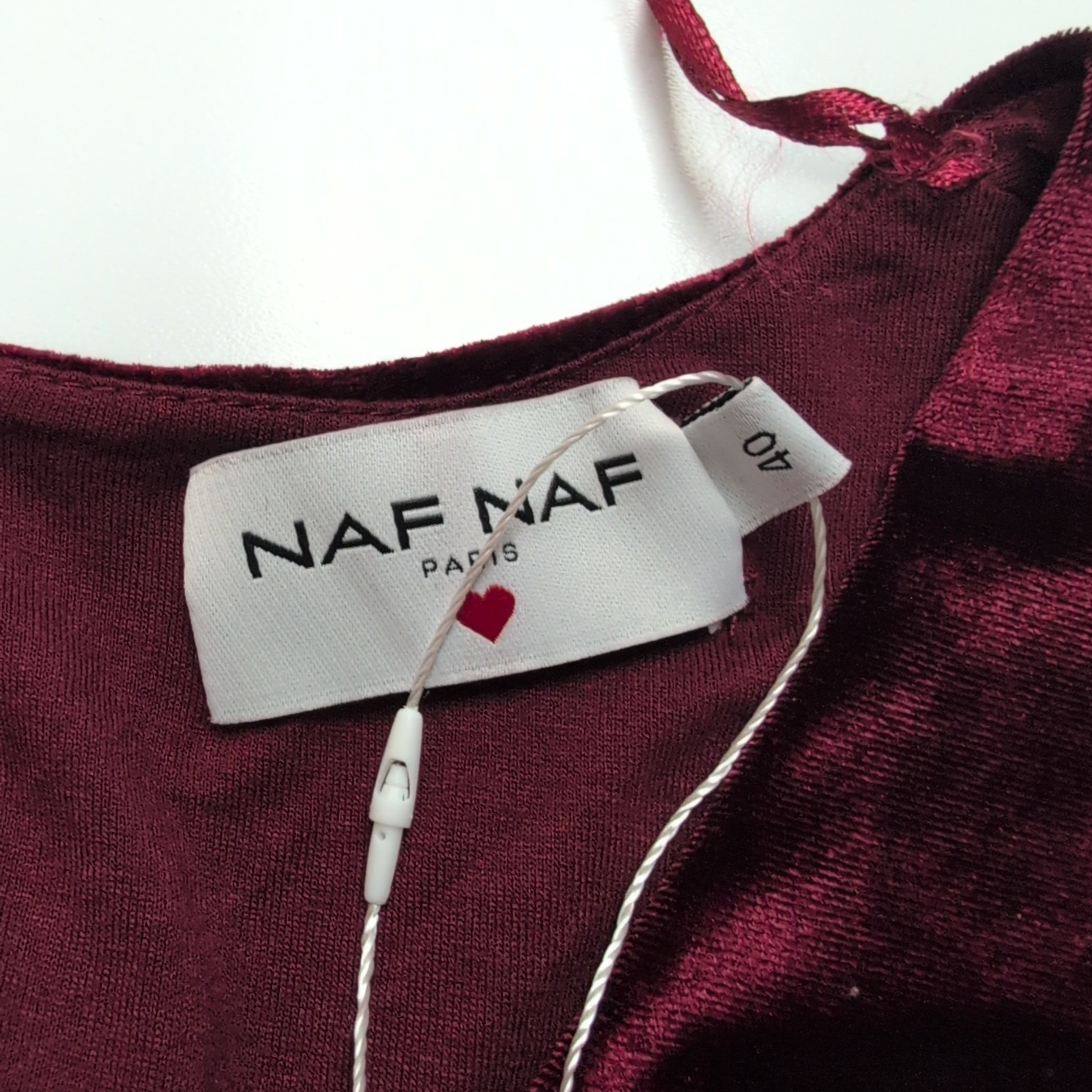 Robe Naf Naf T40 Velours Bordeaux Satiné Manches Courtes Neuve Étiquette