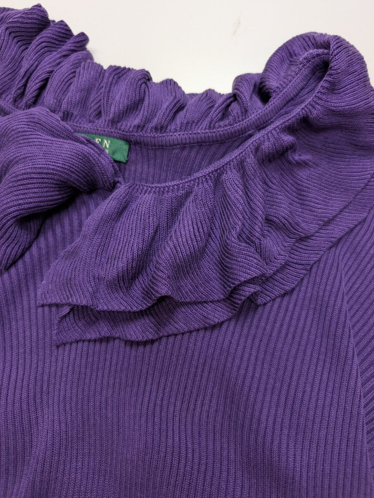 Pull LAUREN Ralph Lauren S violet 100% soie col à volants maille côtelée
