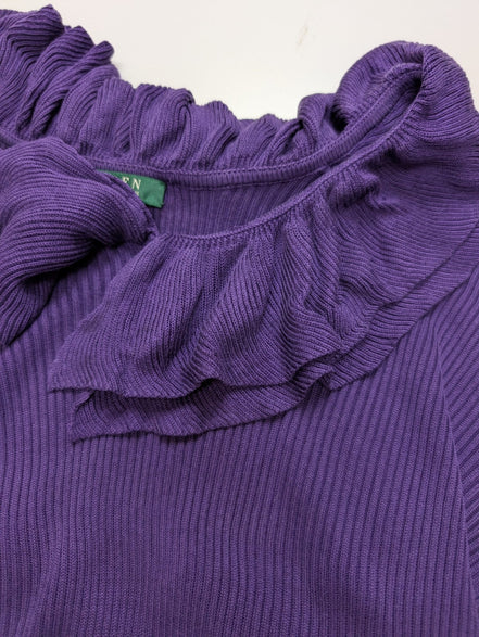 Pull LAUREN Ralph Lauren S violet 100% soie col à volants maille côtelée