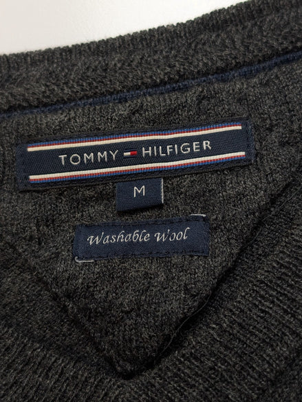 Pull Col V Tommy Hilfiger Gris Foncé Laine Lavable en Machine - Taille M