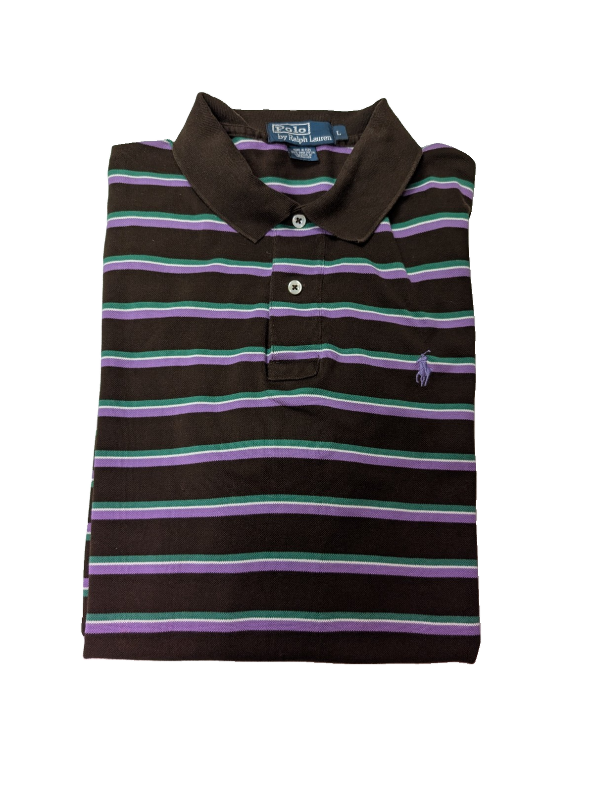 Polo manches courtes Polo Ralph Lauren L marron rayures vert mauve logo bleu