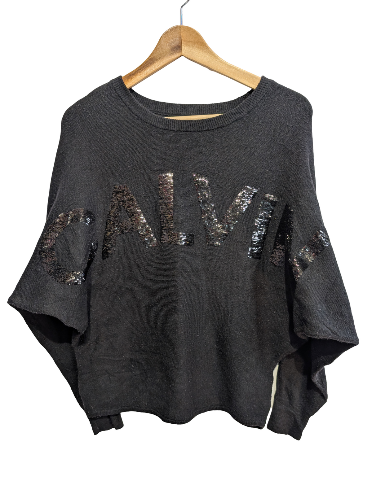 Pull Calvin Klein Jeans femme XS S noir paillettes manches chauve-souris