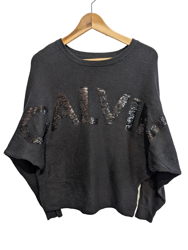 Pull Calvin Klein Jeans femme XS S noir paillettes manches chauve-souris