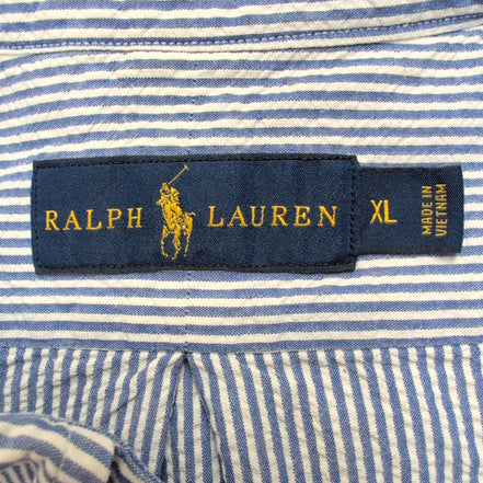 Chemise Ralph Lauren XL Manches Courtes Bleue Rayures Logo Rose Coton