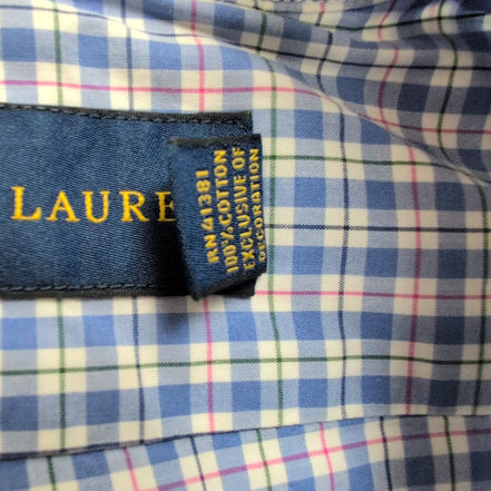 Chemise Ralph Lauren XL Bleue Carreaux Logo Rose Manches Longues Coton