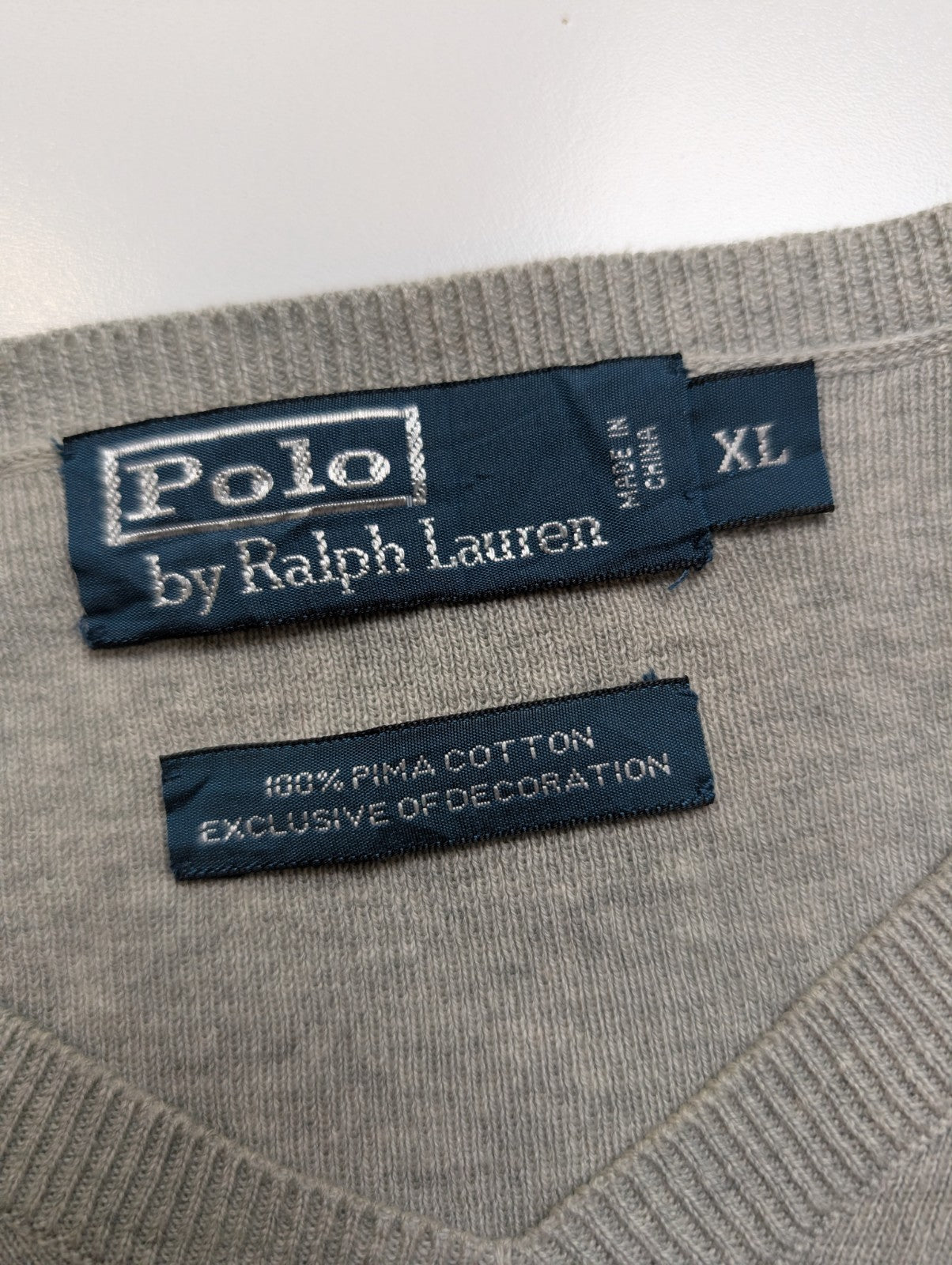Pull Polo Ralph Lauren Gris Clair Logo Marine Coton Pima - Taille XL - NEUF