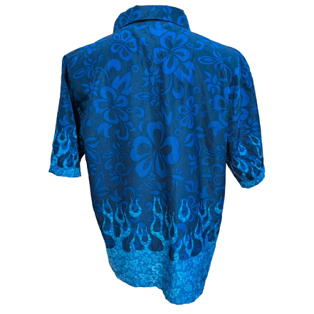 Chemise Hawaïenne Urban Rags L Bleu Motif Flammes Fleurs Manches Courtes
