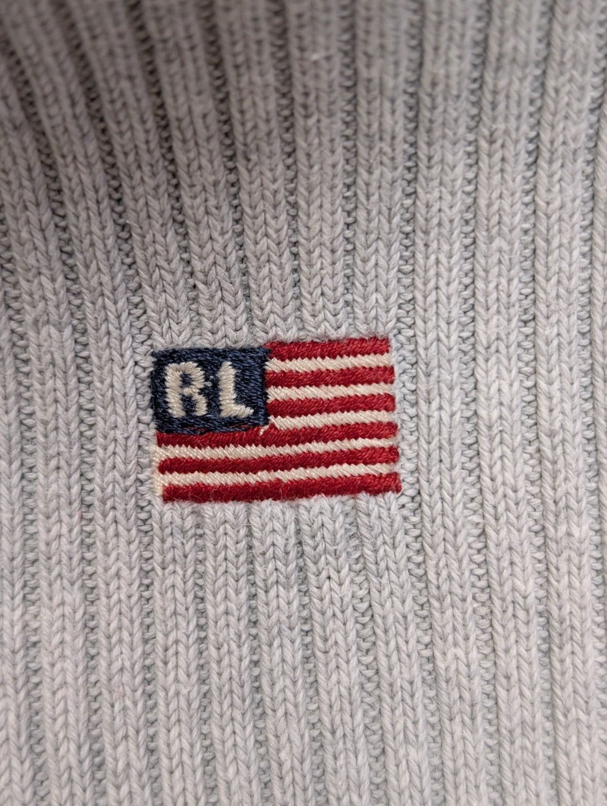 Pull POLO RALPH LAUREN Gris Maille Côtelée Logo Drapeau USA Taille L Coton Luxe