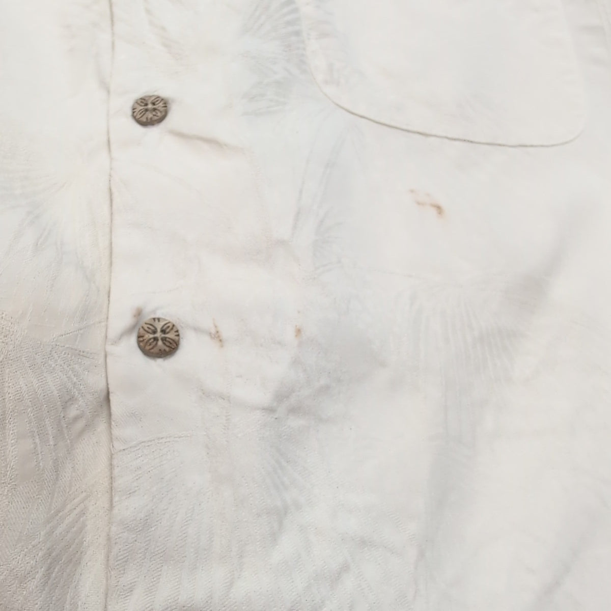 Chemise Hawaïenne Tommy Bahama XL 100% Soie Blanche Palmiers Boutons Bois