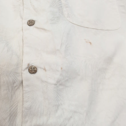 Chemise Hawaïenne Tommy Bahama XL 100% Soie Blanche Palmiers Boutons Bois