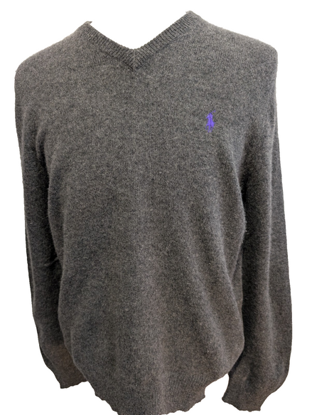 Pull Polo Ralph Lauren Gris Logo Violet - 100% Laine d'Agneau L (Ajusté)