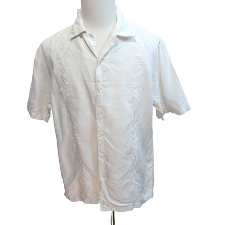 Chemise Hawaïenne Breakwater M 100% Lin Blanc Style Cuba Panama Brodée