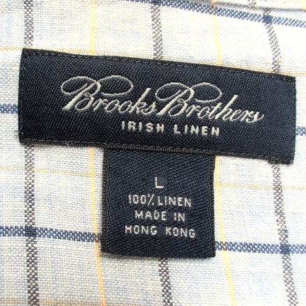 Chemise Brooks Brothers L Bleu Carreaux 100% Irish Linen Lin Made Hong Kong