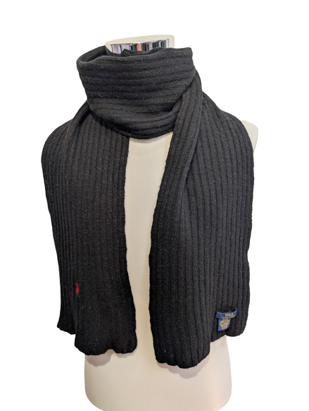 Écharpe Polo Ralph Lauren Côtelée Noire Logo Rouge 80% Laine d'Agneau Vintage