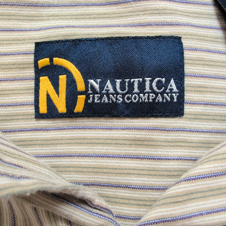 Chemise Nautica beige rayures kaki violet manches longues 1 poche M