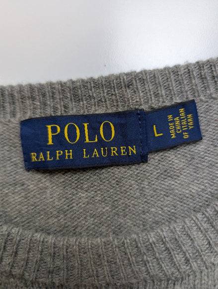 Pull Polo Ralph Lauren Gris Logo Bleu Marine - 100% Laine d'Agneau L