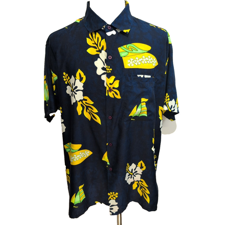 Chemise hawaïenne XXL bleu nuit fleurie voilier manches courtes vintage