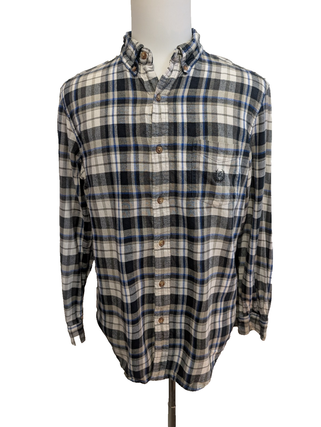 🌲 CHEMISE FLANELLE CHAPS L (G) À CARREAUX NOIR GRIS BLEU LOGO BRODÉ