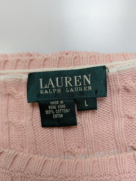 Pull Ralph Lauren (Lauren) Femme L Col Rond Rose Blanc Torsadé 100% Coton 🏷️
