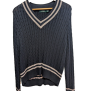 Pull LAUREN Ralph Lauren femme XL bleu marine torsadé col V rayures argentées