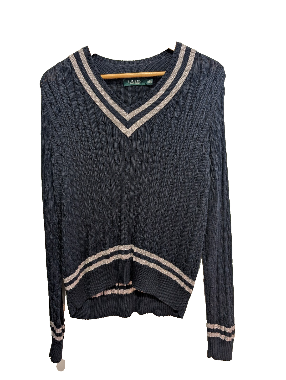 Pull LAUREN Ralph Lauren femme XL bleu marine torsadé col V rayures argentées