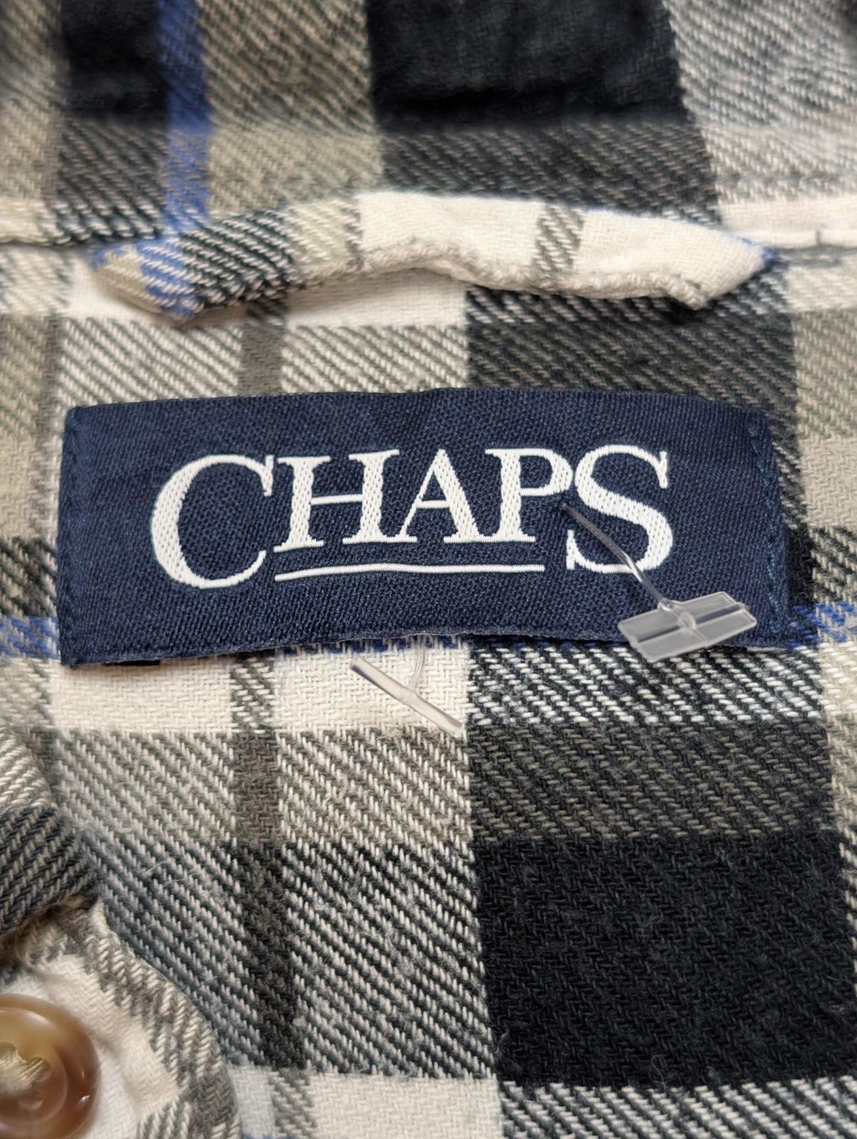 🌲 CHEMISE FLANELLE CHAPS L (G) À CARREAUX NOIR GRIS BLEU LOGO BRODÉ