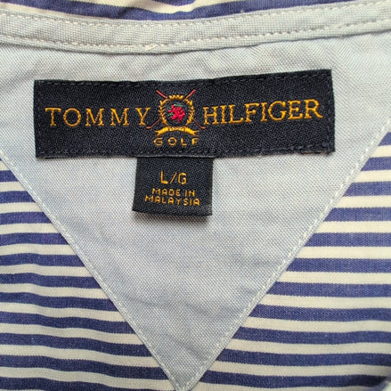 Chemise Tommy Hilfiger Golf Taille L Bleu et Blanc à Rayures Vintage