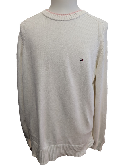 Pull Tommy Hilfiger Blanc Double Col Rose Coton Taille XL (XLTG) Homme/Femme