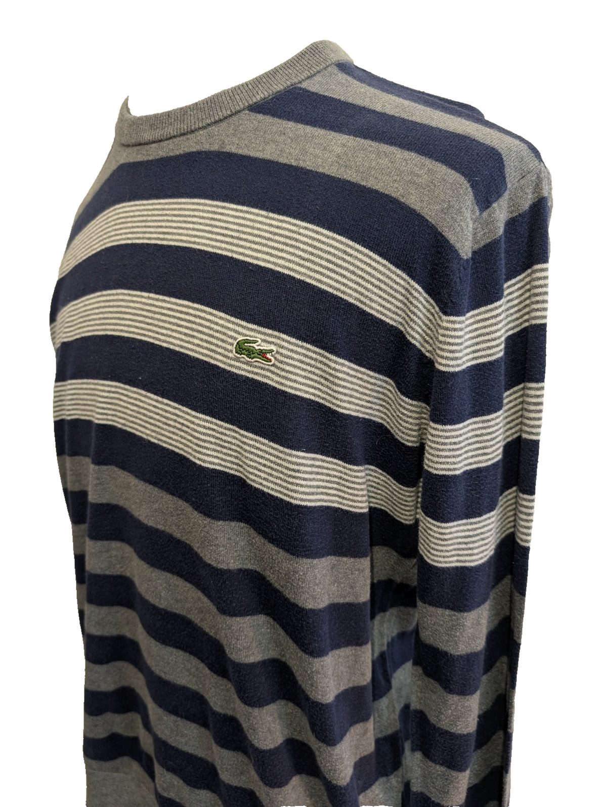 Pull Lacoste L Taille 5 coton cachemire bleu gris rayures col rond