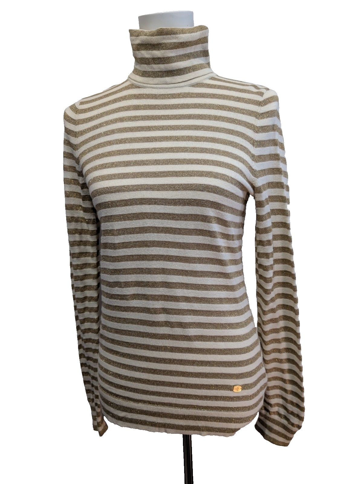 Pull Ralph Lauren (Lauren) Femme M Blanc Cassé Rayures Dorées Métal Chic 🏷️