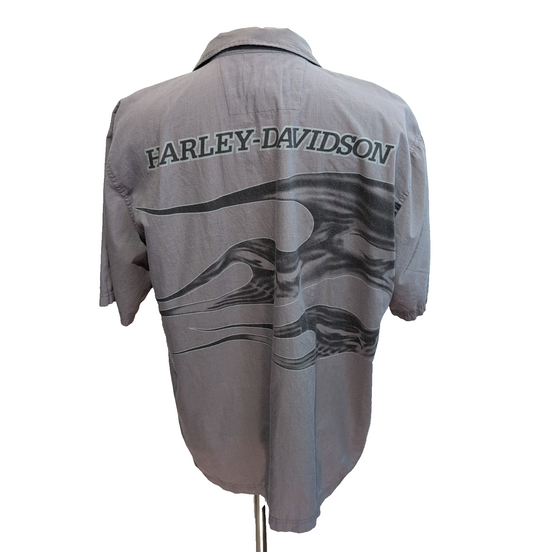 Chemise Harley-Davidson XL Grise Flammes Boutons Gravés Vintage manches courtes