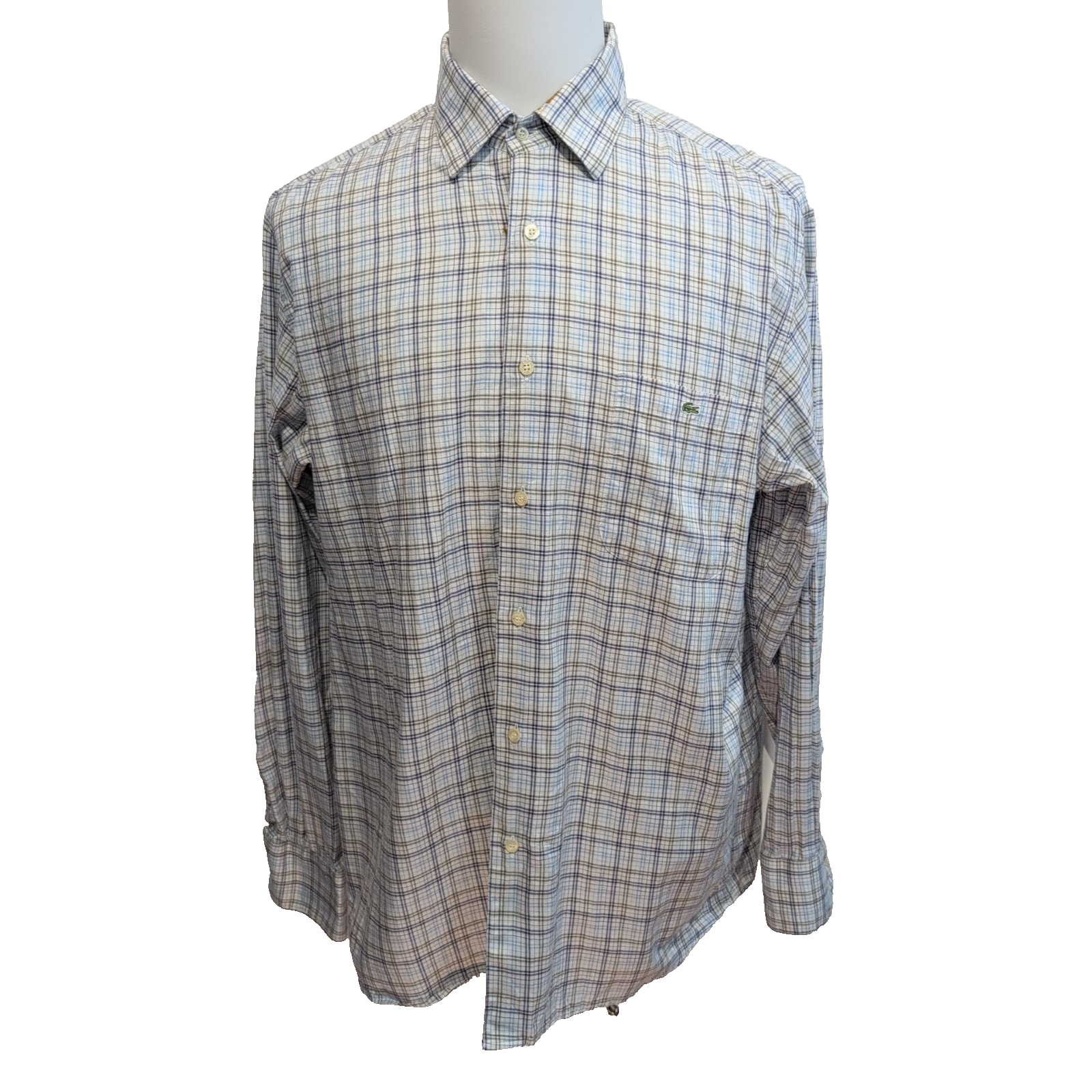 Chemise Lacoste XL 44 Made in France Carreaux Bleu Logo Poche manches longues