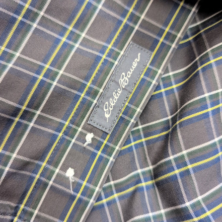 Chemise Eddie Bauer L Col Mao Gris foncé Carreaux Manches courtes Classic Fit
