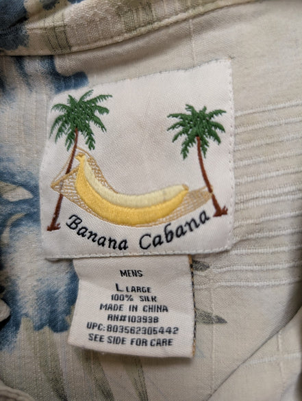 Chemise Hawaïenne Banana Cabana 100% Soie Blanc Cassé & Fleurs Bleues - Taille L