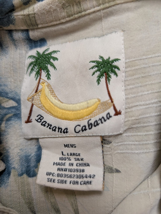 Chemise Hawaïenne Banana Cabana 100% Soie Blanc Cassé & Fleurs Bleues - Taille L