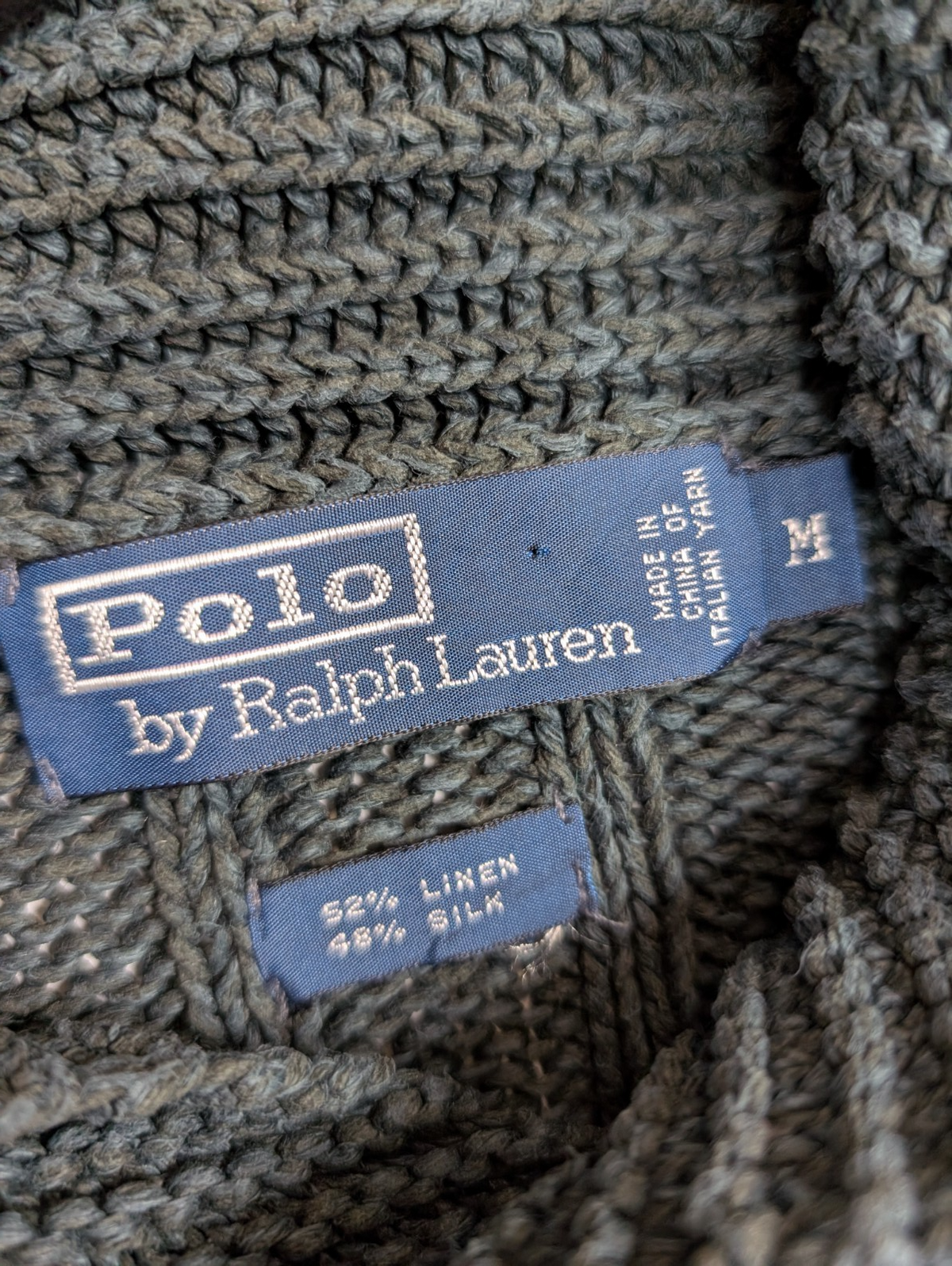 Pull Polo Ralph Lauren M vert foncé lin soie col boule maille torsadée RL