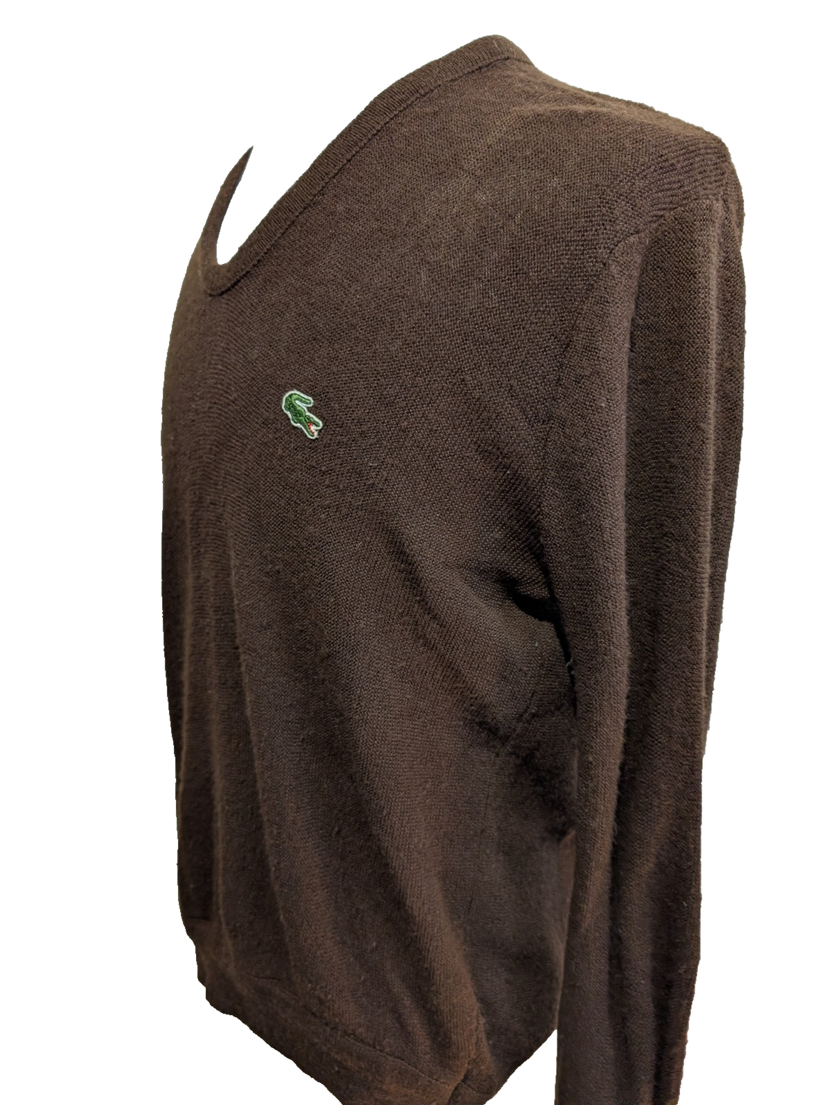 Pull Vintage IZOD Lacoste M marron col V 100% Orlon Logo crocodile brodé