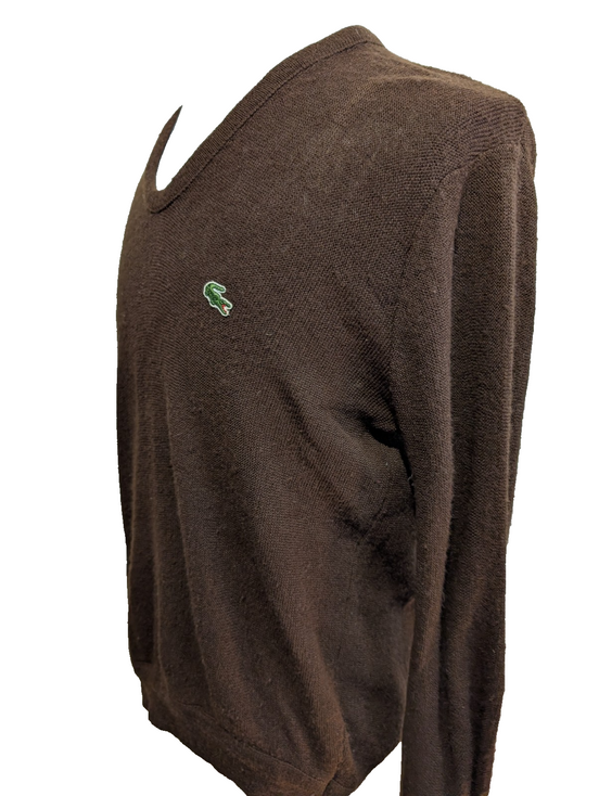 Pull Vintage IZOD Lacoste M marron col V 100% Orlon Logo crocodile brodé