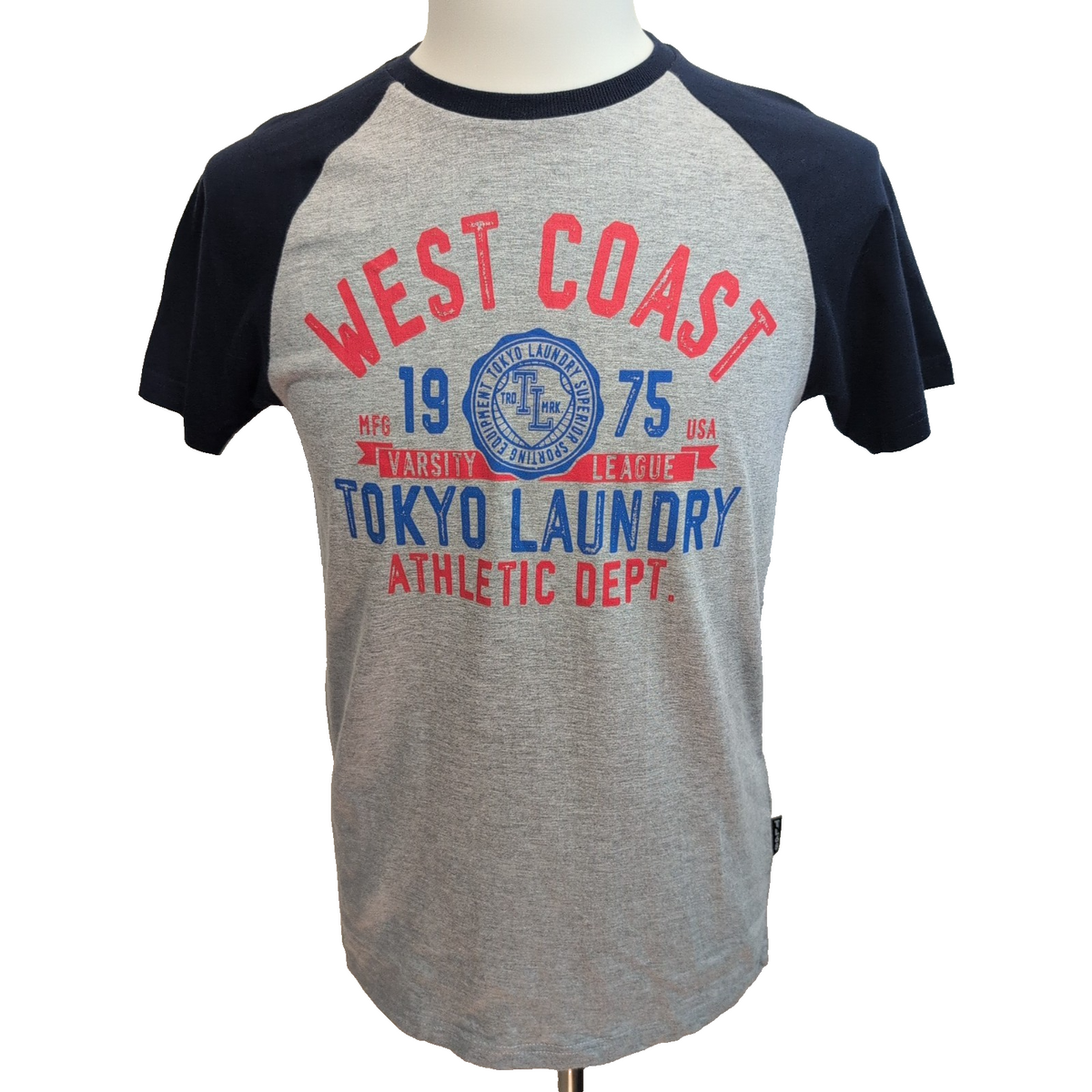 T-shirt Tokyo Laundry Taille S Gris Bleu Baseball 100% Coton Neuf Étiquette