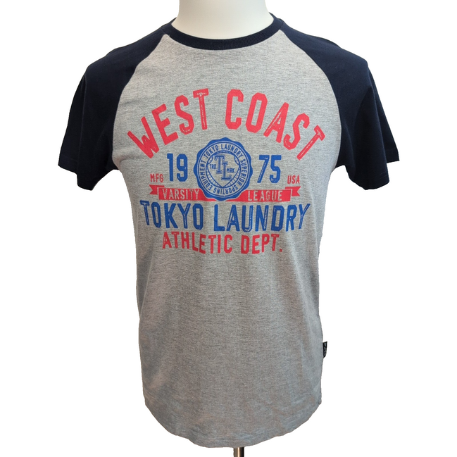 T-shirt Tokyo Laundry Taille S Gris Bleu Baseball 100% Coton Neuf Étiquette