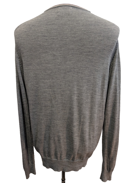 Pull Fred Perry Gris Clair Col V 100% Laine Mérinos Logo Bordeaux - Taille L