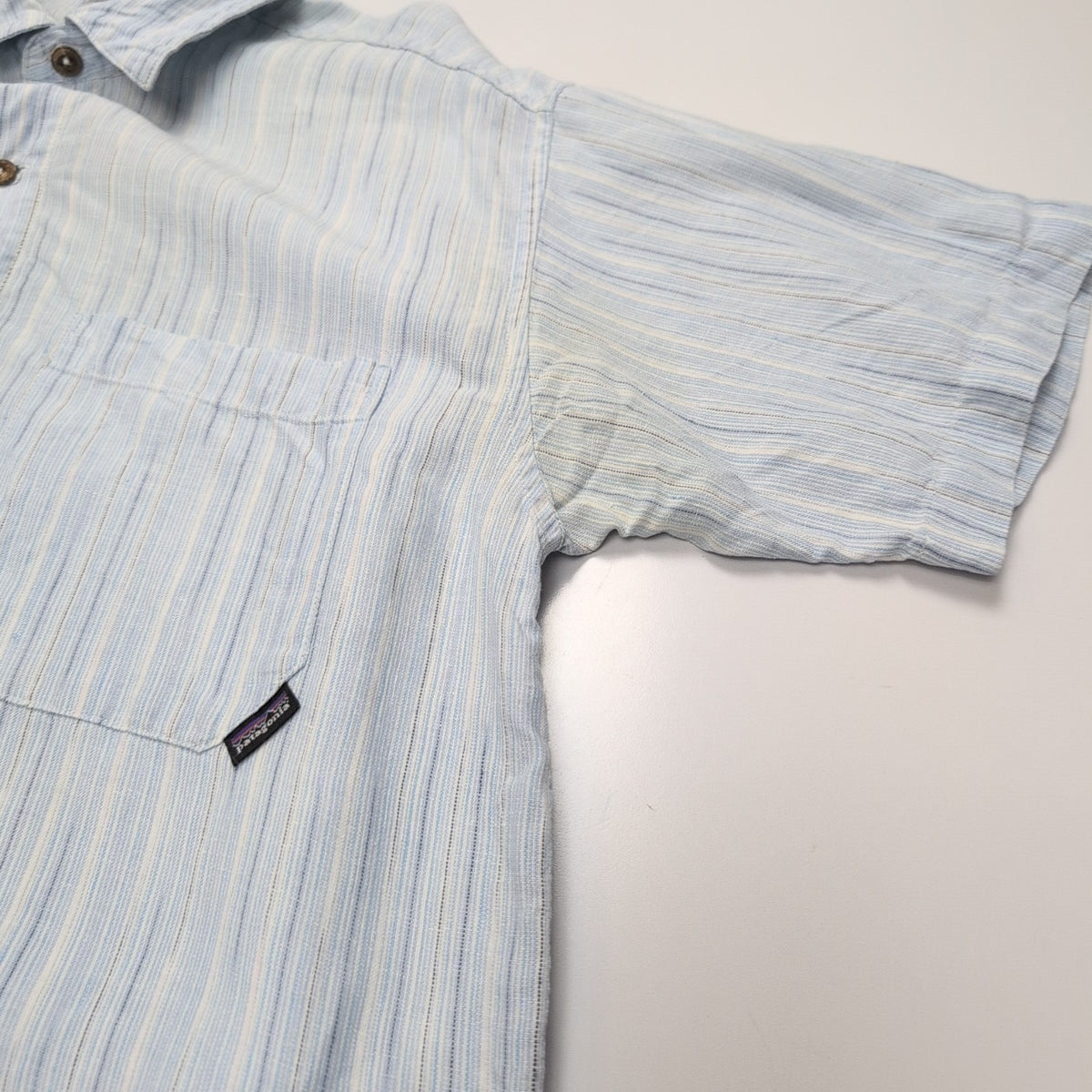 Chemise Patagonia S 100% Chanvre Bleu Rayures Manches Courtes Vintage