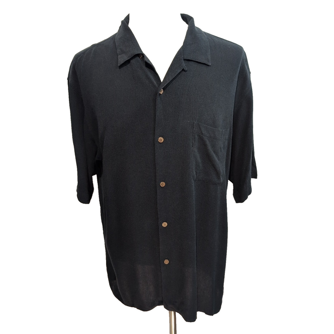Chemise Hawaïenne Vintage Silk Taille XL Noire 100% Soie Manches Courtes