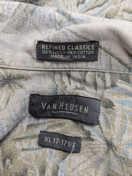 Chemise hawaïenne lin et coton Van Heusen palmiers manches courtes XL #716h