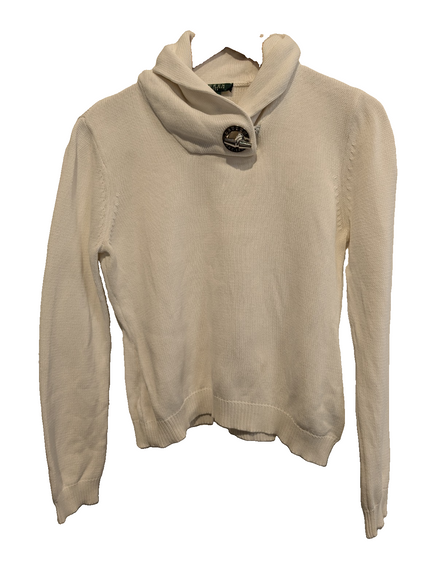 Pull LAUREN Ralph Lauren femme M blanc pur col montant bouton bijou coton