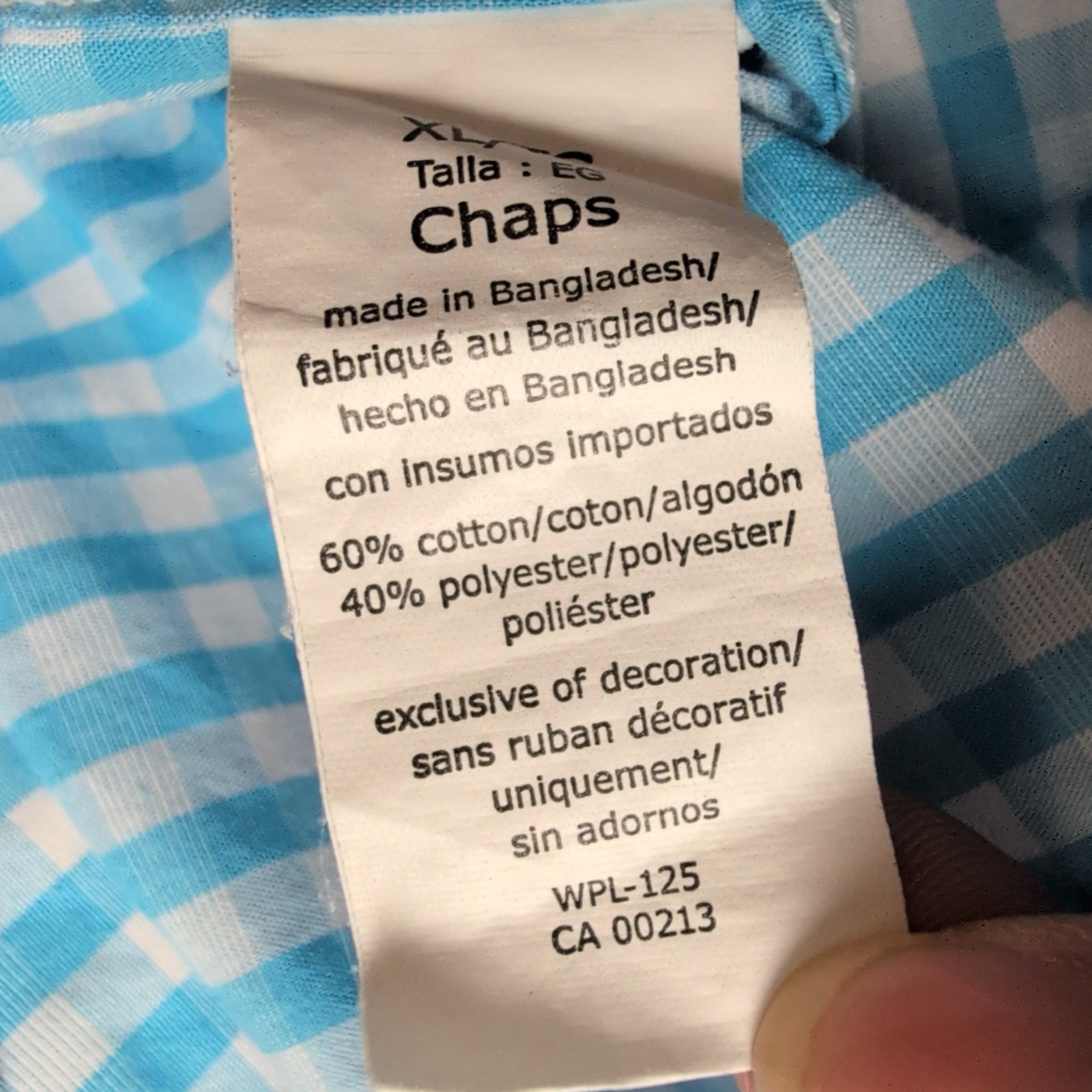 Chemise Chaps Bleu Ciel Petits Carreaux Taille XL TG Manches courtes