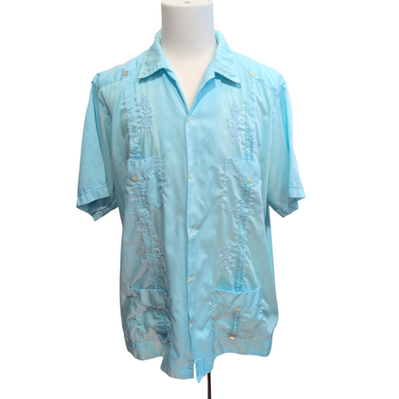 Chemise Guayabera Maya Real 3XL Bleu Brodée 4 Poches Made in Mexico