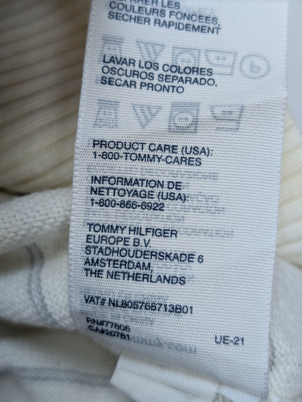 Pull Tommy Hilfiger Homme Blanc Cassé Rayures Grises Col V - Taille M